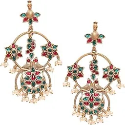oomph Jewellery Matte Gold Jadau Ethnic Drop Earrings - Moti Manik Peacock Design - For Women & Girls Stylish Latest (CKE294_A2)-picture-13