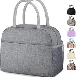 Insulated Lunch Bag for Women, Thermal Lunch Tote Bag, Leakproof Lunch Box Bag Lunch Handbag with Front Pocket, Water Resisted Lunch Bag for Work Picnic (Black) (Grey)-image-43