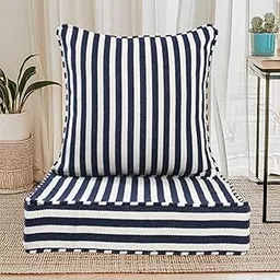 The Furnishers Multipurpose 60x60x8 CM Woven Fashionable High Densitiy Foam Cushion Set for Floor, Patio, Chair and Balcony Garden Seating - Navy Stripe Set, Large Size - 24x24x3 Inch-picture-13