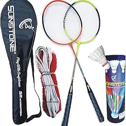 SUNSTONE Badminton Rackets Multi Colour with 6 Feather Shuttle Cocks 1 Badminton NET Full Cover-picture-21