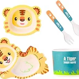 BabyTish Bamboo Fibre Dinner Set | Pack of 5 | Eco-Friendly Kids Dinnerware | BPA-Free | 5 Pcs Tableware Crockery Set for Weaning Toddler & Self Feeding Baby | Utensil Set for Baby Kids | Mr. Tiger-picture-66