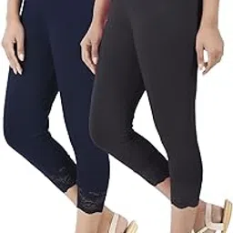 befli Combo Pack of 2 Skinny Fit 3/4 Lace Capris Leggings Women Grey Navy-picture-30