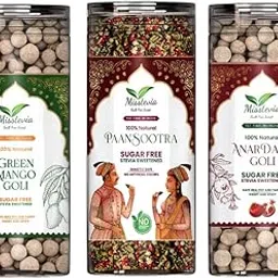 MISSTEVIA Sugar Free Mukhwas Combo Gift Pack 500g | Stevia Sweetened | Sweet & Spicy Green Mango Goli | Meetha Paan | Sweet & Spicy Anardana Goli |Diabetic Friendly| Real fruit based Digestive Mouth Freshener| Betel Leaf & Rose Petal based Premium Mukhwas| Diwali festive Gift Hamper-picture-10