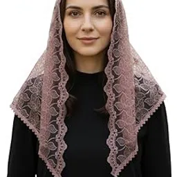 elite april Elegant Lace Mantilla Veil, Brownish Pink Floral Pattern, Traditional Catholic Church Head Covering, Triangle Shape, Church scarf with wig pin.-picture-13