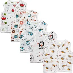 BAYBEE Unisex-Baby 100% Organic Cotton Muslin Regular Fit Button Jablas| Summer Wear Sleeveless Vest Jabala | New Born Clothes | Dress 0-3 Months (Assorted, Pack Of 5) image 1