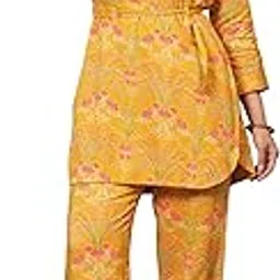 indo era Women's Mustard Viscose Rayon Printed Smart Casual Kurta Pant Set (IEOUT7654)-picture-24
