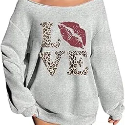 sxv style Women's Off-The-Shoulder Loose Casual Love, Lips & Leopard Print Sweatshirt-picture-38