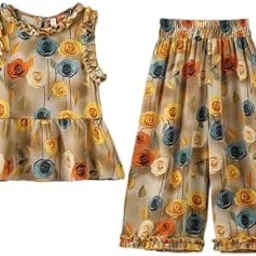 KRUSHIK ENTERPRISE Girls Floral Print Summer Dress Set, Sleeveless Top with Ruffle Shorts, Beige with Blue and Orange Roses, Cotton Casual Wear-picture-11