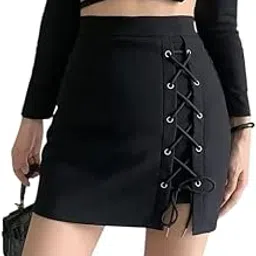 mystify Women's Black Mini Skirt with Side Lace-Up Detail, High Waist, Gothic Style Skirt for Women-picture-29