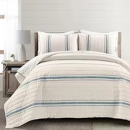Lush Decor Farmhouse Stripe 3 Piece Quilt Set, Full/Queen, Blue-picture-35