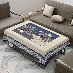 Cloth Fusion Velvet Floral Centre Table Cover Cloth, Table Cloth with Stunning Gold Foil Design for Living Room (40x60 Inch, Blue)-image-0