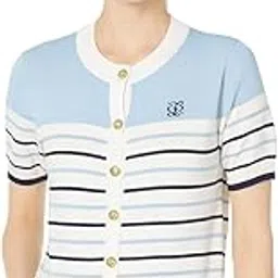 Women's Knitted Women's Short Sleeve Knit Cardigan Striped Button-Down Sweater Top with Gold Buttons T Shirt DNCD67-image-1