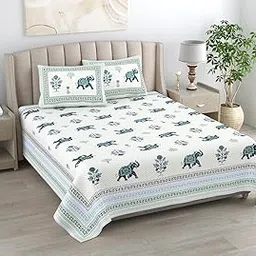 Elegant Indian Block Print Bedding Set with Elephant Motif, White Cotton Quilt Cover with Green Border, Decorative Floral Pattern, Traditional Design Pillowcases-image-64