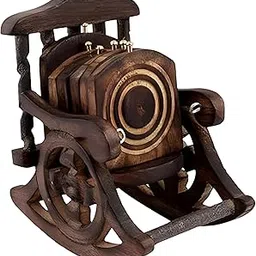 Think N Crafts Sheesham Wood Rocking Chair Design Tea Coaster Set | Handcrafted Wooden Drink Coaster Holder with 6 Round Coasters for Tea, Coffee, and Dining Table Décor-picture-22