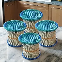 Rajasthani Handmade Bamboo Chairs for Living Room & Outdoor - Set of 4 Round Bamboo Stools for Garden, Bay Window, and Balcony 15x15 Inch (Green Blue)-picture-29