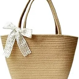tvineco Women Beach Tote boho bags for women with Decorative Lace Bow, Natural Beige-picture-56