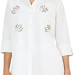 Women and Girls Cotton Spread Collar Three-Quarter Sleeves Self Design Premium Regular fiting Embroidered Party Shirt-image-37