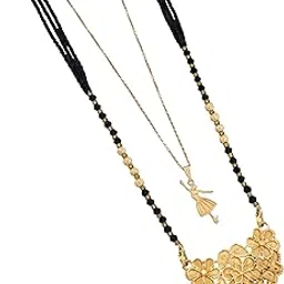 Women's Exquisite Gold-Plated Long Mangalsutra with Floral Filigree Pendant and Layered Black Beaded Chain, Paired with a Dainty Adjustable Gold-Tone Charm Necklace-MD-081-image-85