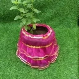 Tulsi Plant Decorative Magenta Pot Cover with Golden Trim, Traditional Design-image-5