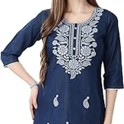 meher Impex Women's Denim Tunic|Kurti/Chikankari|Denim Blue/Round Neck|3/4 Sleeves|Paisley/Embroidered-picture-54