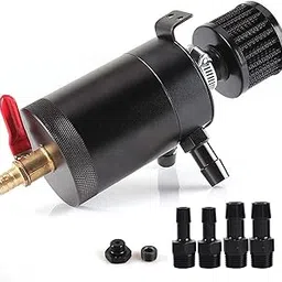 WENJTP Universal Aluminum Baffled Oil Reservoir Tank Oil Separator Kit with 4 Adapters + Breather Filter Drain Valve Plug 2 Ports (1 oulet + 1 inlet) 150ml for Car, Motorcycle, ATV-picture-45