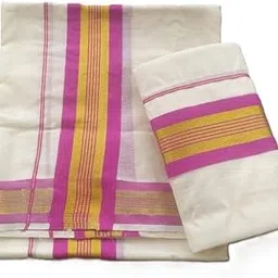 MITHIKAS Traditional Kerala Mundum Neriyathum, Majenta and Gold Stripes, 2m x 2.8m, Off-White-image-34