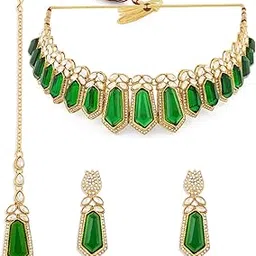 Green Dazzling Statement Stones Austrian Diamonds Choker Necklace Earring & Maangtikka Set For Women-ZPFK21787-image-49