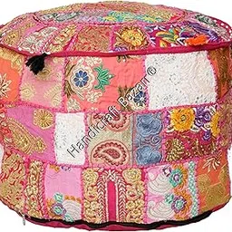 Patchwork Pouf Cover 12x12x12 Inch Traditional Handmade Cotton Tassels Bean Bag Case Attractive Storage Zipper Closure Foot Rest-image-26