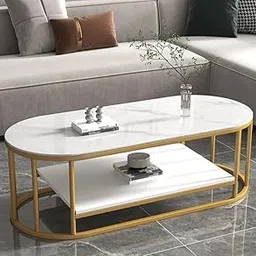 Modern Oval Coffee Table with White Marble MDF Top & Golden Metal Frame, 2-Tier Living Room Center Table with Storage Shelf – Stylish & Elegant Home Furniture Decor-image-20