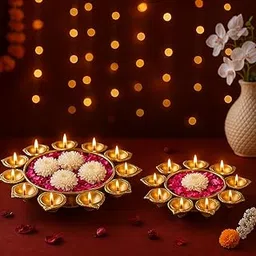Jaipur Ace Elegant Urli Gold Metal Diya and Tealight Candle Holders with Floral Arrangement Bowl, Perfect for Diwali, Pooja, and Home Decor Floral Beautiful Urli (Pack of 2 Urli Set)-image-109