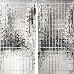 Rozi Decoration Silver Square Foil Sheer Grommet Curtains For Decorations Pack Of 2 Set For Birthday Decoration, Wedding, Anniversary, Halloween, Kids, Boys, Girls Birthday Decoration-picture-10