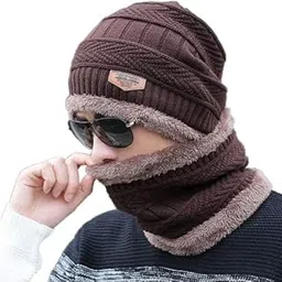 foxston Winter Cap & Neck Scarf with Beanie Cap with Neck Warmer for Men & Women,Thick Fluffy Woolen Cap,warm neck and cap set(PACK OF 01) BROWN-picture-28