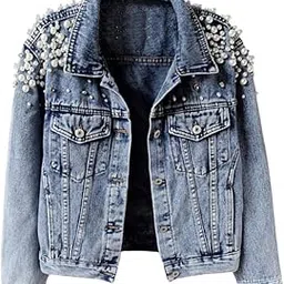 angeer Women's Denim Short Jacket Pearl Design Loose Fit Long Sleeve Stylish Comfortable Denim-picture-13