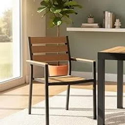 Modern Metal and Wood Dining Chair, Indoor/Outdoor, Black Frame with Natural Wood Slats-picture-22
