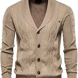 chroes Men's Classic Cable Knitted Button Down Shawl Collar Cardigan Sweaters |Khaki |M-picture-18