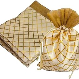 3A FEATURETAIL 18CM X 25CM Large Polka Dot Drawstring Bags Pouches Potli for Gift Wedding Jewelry Packaging Bridal Party Favors for Women (15pc Set, Cream Color Golden Berfi Print)-image-59