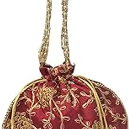 jm next gen Designer Embroidered Potli Bag for Women | Maroon Wedding Potli with Golden Bead Handle | Ethnic Bridal Party Purse | Traditional Drawstring Pouch for Festive & Casual Occasions-picture-31