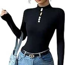 zurq Women's Pearl Button Decorated Turtleneck Long Sleeve T-Shirt-picture-11