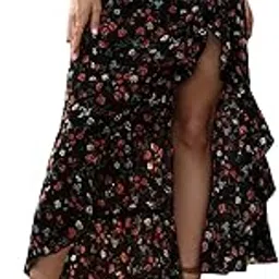 gorglitter Women's Ditsy Floral Print Ruffle Trim High Low Hem Split Thigh Boho Long Skirts-picture-13
