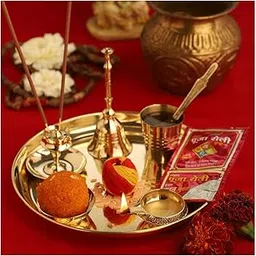 NOBILITY Brass Pooja thali Set 7 Inch with Accessories Puja Thali for Diwali Ganesh Festival Home Office Mandir Wedding Return Gift Items-image-81