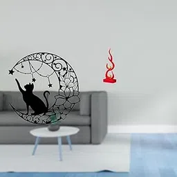 TRENDIVIBE Mystical Black Cat Moon Metal Wall Art Sculpture and Abstract Fire Flame Resin Figurine Modern Decor for Cat Lovers and Friends Gift-image-1
