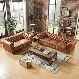 Sung Wood Art Teak Wood 3 Seater Chesterfield Style/Luxury Chesterfield Leatherette Sofa for Living Room Hollway (Tan 3+2 Seater)-image-7