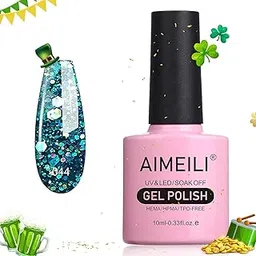 AIMEILI Shellac Soak Off UV LED Gel Nail Polish - Diamond Glitter Teal Blue Green (044) 10ml-image-3