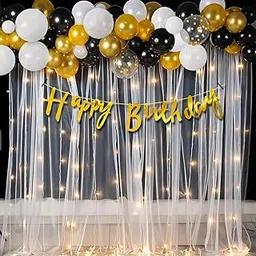 Party Propz Happy Birthday Decoration Kit for Boys - 71 Pcs Birthday Decoration Kit for Husband, White Curtain with Fairy Light, Metallic Gold Balloons, Confetti Balloon, Black & White Balloons Decor-picture-18
