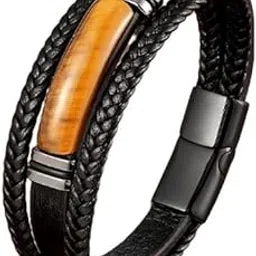 edmiria Tiger Eye Black Leather Bracelet Men Natural Tiger Eye Gemstone Crystal Stone Jewelry Handmade Courage And Stress Relief Protection Bracelet - Men Steel Wristband Braided Bracelet-picture-56