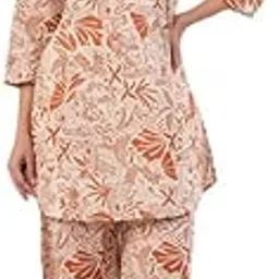 Womens Cotton Night Dress Set Kurti and Pyjama Lounge Wear Night Dress (Mustard, Small)-image-20