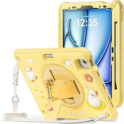 ProElite Cover for iPad Air 11 M3/M2 2025/2024/ Pro 11 4th/3rd Gen/Air 5/4 Gen 10.9 inch Case, Tough Bubble Kids Case with Pencil Holder with Rotating Kickstand & Shoulder Strap, Yellow-image-89
