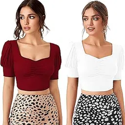 istyle can Sweetheart Neck Ruched Front Puff Sleeve/Half Sleeve Streachable Solid/Plain Slim Fit Crop top for Women | Women's Slim FIT Crop TOP | Tops for Women-picture-21