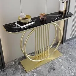 IronKaar Metal Frame Sofa Side Table with Antique Finish Console Sofa Table and Round End Coffee Table for Living Room Half Moon Accent Table (Golden & Black)-picture-17