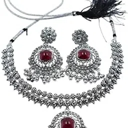 Traditional Oxidised Silver Necklace Set with Ruby Red Stones, Antique Finish Choker with Matching Earrings, Tribal Jewelry with Ghungroo Bells-picture-45